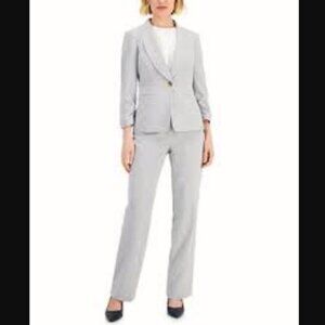 NWT Le Suit Women's Striped Ruched-Sleeve Pant Suit, 12P